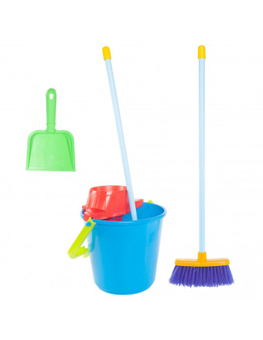 Tradineur - Kit de limpieza de juguete con 4 utensilios, plástico resistente, cubo, fregona, escoba y recogedor, barrer, fregar,