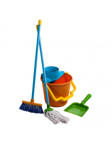Tradineur - Kit de limpieza de juguete con 4 utensilios, plástico resistente, cubo, fregona, escoba y recogedor, barrer, fregar,