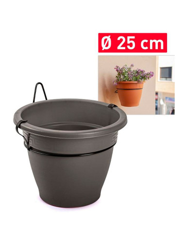 Tradineur - Maceta redonda de plástico con soporte para pared, macetero, tiesto colgar, recipiente para plantas, flores, balcón,