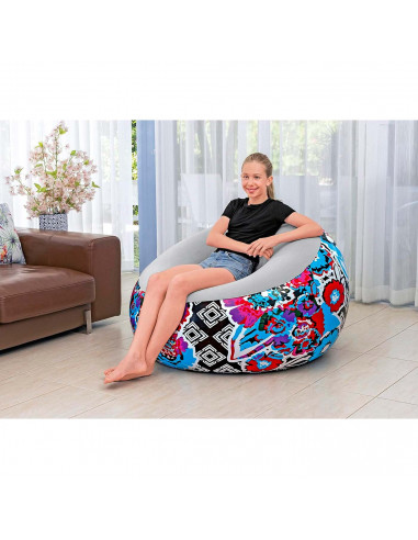 Tradineur - Sillón Inflable Puff - Diseño de Flores - Fabricado en Vinilo - Max.: 100 kg - Ideal para adultos y niños - 66 x 112
