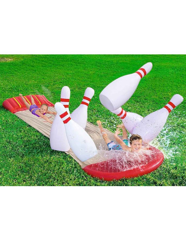 Tradineur - Pista Deslizante Hinchable - Bolera "H2O GO!" - Incluye 6 bolos - Pulverizador de agua con conexión a manguera de ja