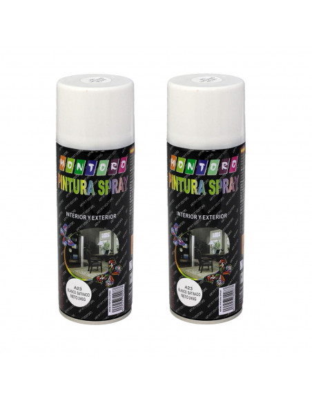 Montoro - Pack 2 botes de pintura en spray blanco satinado A23 400 ml, válido para multitud de superficies de interior y exterio Montoro - Pack 2 botes de pintura en spray blanco satinado A23 400 ml, válido para multitud de superficies de interior y exterio