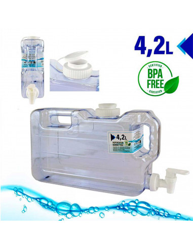 Tradineur - Dispensador de bebidas de plástico 4,2 litros con grifo y asa 20,5 x 7,5 x 39 cm, botella dispensadora agua para fri