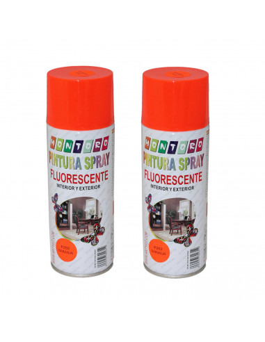 Montoro - Pack 2 botes de pintura en spray naranja fluorescente F202 400 ml, válido para multitud de superficies de interior y e