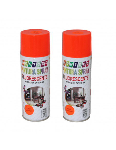 Montoro - Pack 2 botes de pintura en spray naranja fluorescente F202 400 ml, válido para multitud de superficies de interior y e