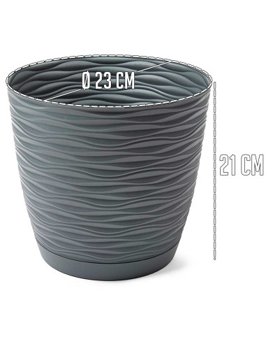 Tradineur - Maceta redonda con plato - Diseño Wind (Ø 23 cm) - Fabricado en plástico - Ideal para jardín exterior, terraza o bal