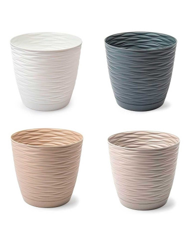 Tradineur - Maceta redonda con plato - Diseño Wind (Ø 23 cm) - Fabricado en plástico - Ideal para jardín exterior, terraza o bal