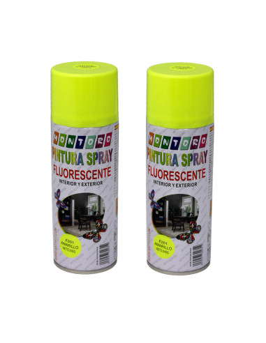 Montoro - Pack de 2 botes de pintura en spray amarillo fluorescente F201 400 ml, válido para multitud de superficies de interior