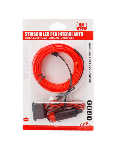 Tradineur - Tira de luz LED Interno para automóviles (12 V) - Fabricado en PVC - Conexión de encendedor de cigarros - Color Rojo