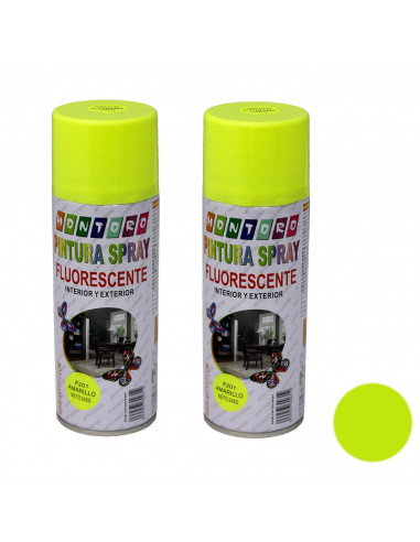 Montoro - Pack de 2 botes de pintura en spray amarillo fluorescente F201 400 ml, válido para multitud de superficies de interior