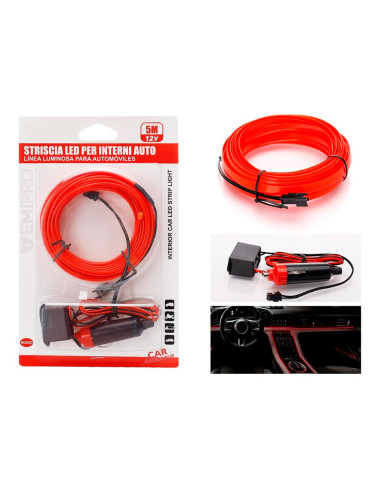 Tradineur - Tira de luz LED Interno para automóviles (12 V) - Fabricado en PVC - Conexión de encendedor de cigarros - Color Rojo