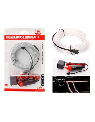 Tradineur - Tira de luz LED Interno para automóviles (12 V) - Fabricado en PVC - Conexión de encendedor de cigarros - Color Blan