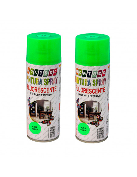 Montoro - Pack de 2 botes de pintura en spray verde fluorescente F204 400 ml, válido para multitud de superficies de interior y Montoro - Pack de 2 botes de pintura en spray verde fluorescente F204 400 ml, válido para multitud de superficies de interior y