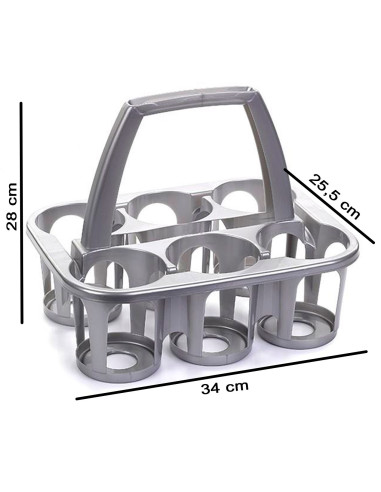 Tradineur - Portabotellas de plástico, 6 botellas, transportar bebidas, refrescos, resistente (PP), fabricado en España (Plata -
