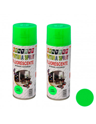 Montoro - Pack de 2 botes de pintura en spray verde fluorescente F204 400 ml, válido para multitud de superficies de interior y