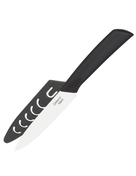 Tradineur - Cuchillo cerámico para verduras, incluye funda protectora, hoja de 10 cm, mango ergonómico, corte preciso, larga dur