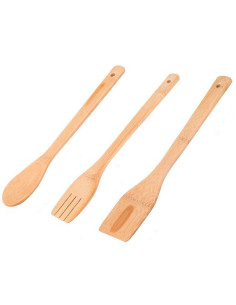 Tradineur - Set de 3 utensilios de cocina de bambú, paleta, tenedor y cuchara, incluyen agujero para colgar, material sostenible