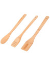 Tradineur - Set de 3 utensilios de cocina de bambú, paleta, tenedor y cuchara, incluyen agujero para colgar, material sostenible