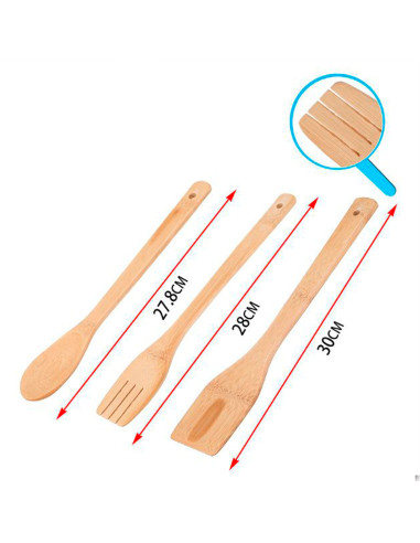 Tradineur - Set de 3 utensilios de cocina de bambú, paleta, tenedor y cuchara, incluyen agujero para colgar, material sostenible