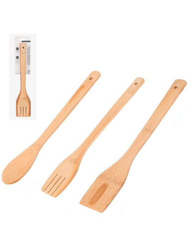 Tradineur - Set de 3 utensilios de cocina de bambú, paleta, tenedor y cuchara, incluyen agujero para colgar, material sostenible