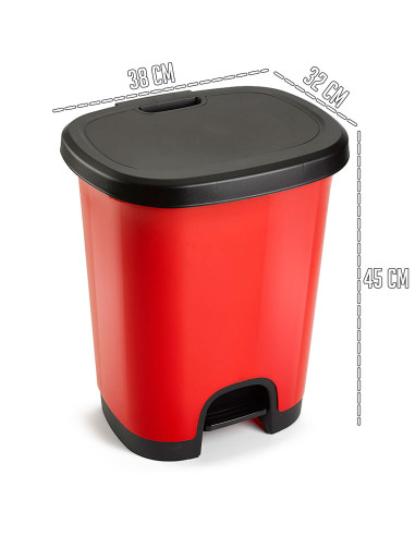 Tradineur - Cubo de basura con pedal - Fabricado en Plástico - Capacidad de 27 Litros - 45 x 38 x 32 cm - Color Rojo y Negro