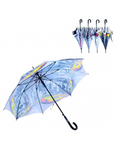 Tradineur - Paraguas largo gris con estampado de ciudades, poliéster, mango de plástico, automático, antiviento, 8 varillas de f