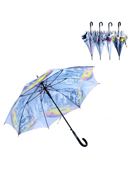 Tradineur - Paraguas largo gris con estampado de ciudades, poliéster, mango de plástico, automático, antiviento, 8 varillas de f