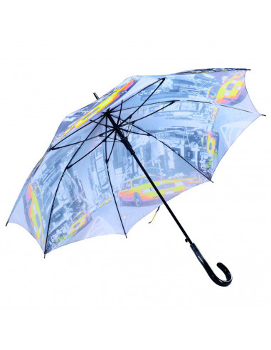 Tradineur - Paraguas largo gris con estampado de ciudades, poliéster, mango de plástico, automático, antiviento, 8 varillas de f