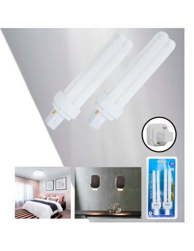 Tradineur - Pack de 2 bombillas de bajo consumo, 2 pines y 2 tubos, G24D-3, 26W equivalente a 130W, 1350 lúmenes, 6400K, luz bla