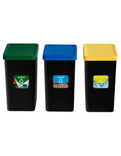 Tradineur - Set de 3 Cubos de Reciclaje - Verde (Vidrio), Amarillo (Envases) y Azul (Papel) - Capacidad: 28 litros - Plástico -