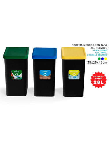 Tradineur - Set de 3 Cubos de Reciclaje - Verde (Vidrio), Amarillo (Envases) y Azul (Papel) - Capacidad: 28 litros - Plástico -