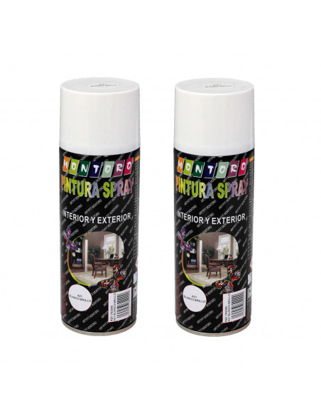 Montoro - Pack 2 botes de pintura en spray blanco brillo A21 400 ml, válido para multitud de superficies de interior y exterior.