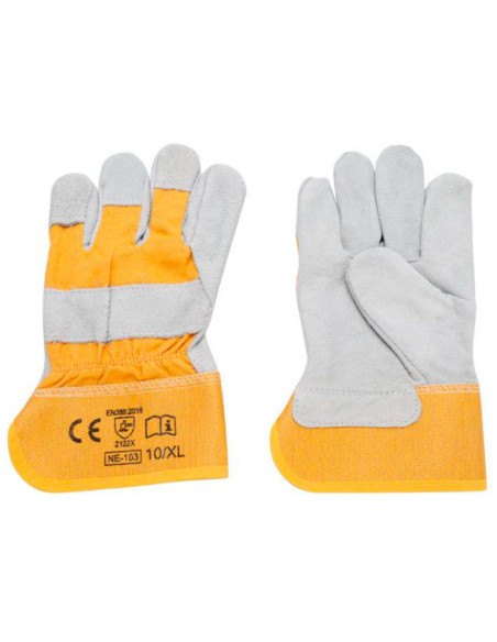 Tradineur - Guantes de trabajo, tela y cuero resistente, protección, bricolaje, seguridad, jardinería (Gris y naranja - Talla 10