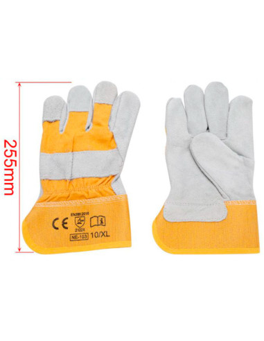 Tradineur - Guantes de trabajo, tela y cuero resistente, protección, bricolaje, seguridad, jardinería (Gris y naranja - Talla 10