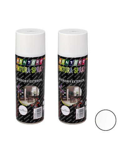 Montoro - Pack 2 botes de pintura en spray blanco brillo A21 400 ml, válido para multitud de superficies de interior y exterior.