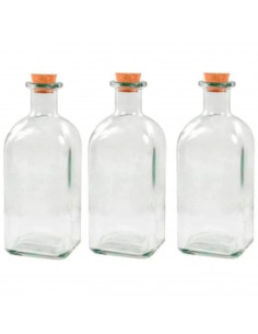 Tradineur - Pack de 3 botellas de vidrio, frascas con tapón de corcho, reutilizables, rellenables, licores, aceite, agua, vino,