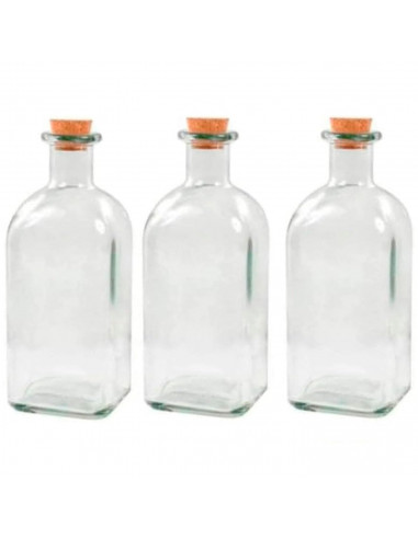 Tradineur - Pack de 3 botellas de vidrio, frascas con tapón de corcho, reutilizables, rellenables, licores, aceite, agua, vino,