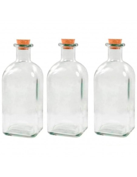 Tradineur - Pack de 3 botellas de vidrio, frascas con tapón de corcho, reutilizables, rellenables, licores, aceite, agua, vino,