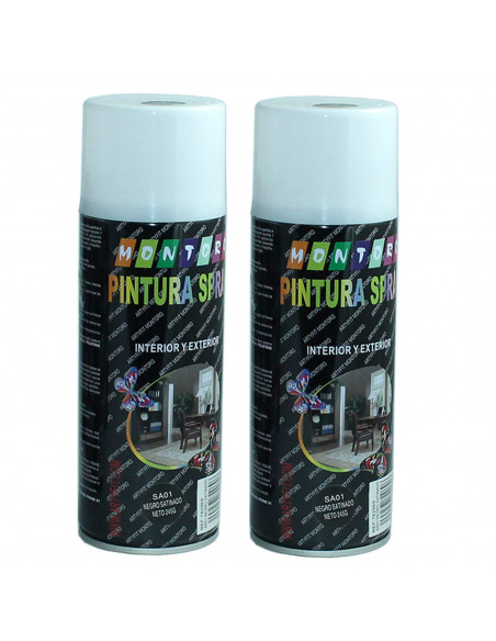 Montoro - Pack 2 botes de pintura en negro satinado  SA01 400 ml, válido para multitud de superficies de interior y exterior. Pi