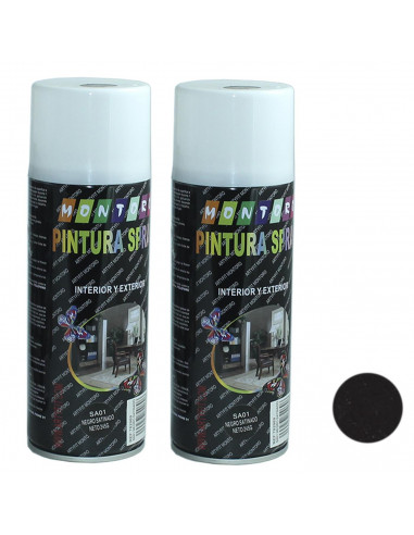 Montoro - Pack 2 botes de pintura en negro satinado  SA01 400 ml, válido para multitud de superficies de interior y exterior. Pi