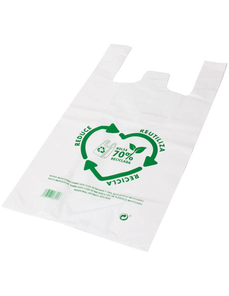 Tradineur - Pack de 25 bolsas de plástico tipo camiseta, reutilizables, gran resistencia, cumplen normativa, aptas para uso alim
