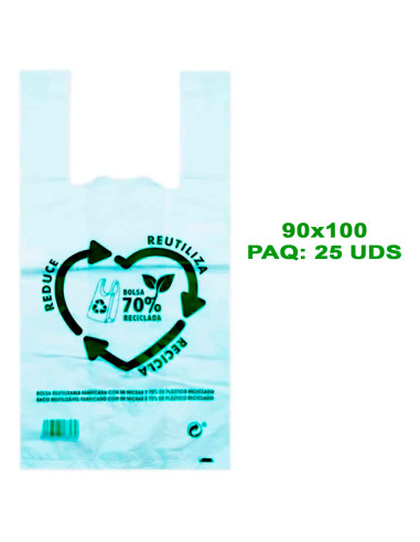 Tradineur - Pack de 25 bolsas de plástico tipo camiseta, reutilizables, gran resistencia, cumplen normativa, aptas para uso alim