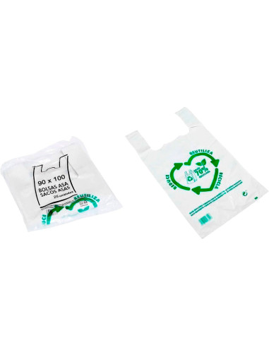Tradineur - Pack de 25 bolsas de plástico tipo camiseta, reutilizables, gran resistencia, cumplen normativa, aptas para uso alim