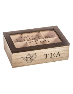 Tradineur - Caja de Madera para té Take a Little Time for Tea - 6 Compartimento - Tapa Superior de Cristal - 7,7 x 23 x 15 cm -
