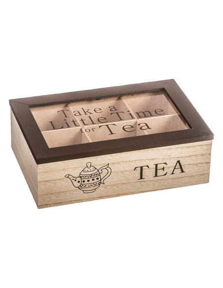 Tradineur - Caja de Madera para té Take a Little Time for Tea - 6 Compartimento - Tapa Superior de Cristal - 7,7 x 23 x 15 cm -