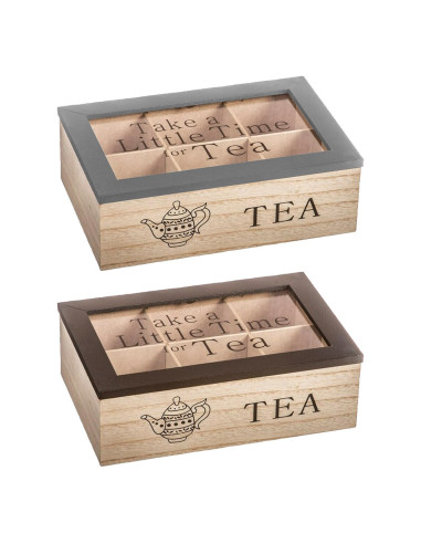 Tradineur - Caja de Madera para té Take a Little Time for Tea - 6 Compartimento - Tapa Superior de Cristal - 7,7 x 23 x 15 cm -