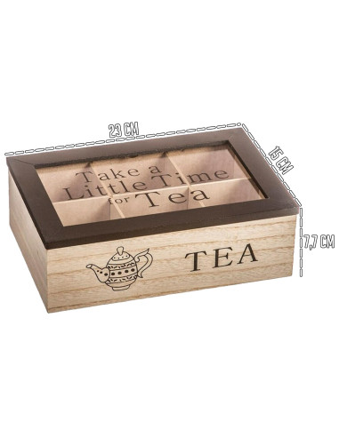 Tradineur - Caja de Madera para té Take a Little Time for Tea - 6 Compartimento - Tapa Superior de Cristal - 7,7 x 23 x 15 cm -
