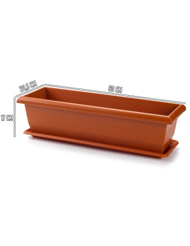 Tradineur - Jardinera con plato Rectangular "Terracota" - PLFT - Fabricado en Plástico - Macetero apto para Exterior e Interior