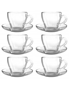 Tradineur - Caja de 6 Tazas con platos Transparentes - Fabricado en Vidrio - Capacidad de 23 cl - Apto para lavavajillas - Ideal