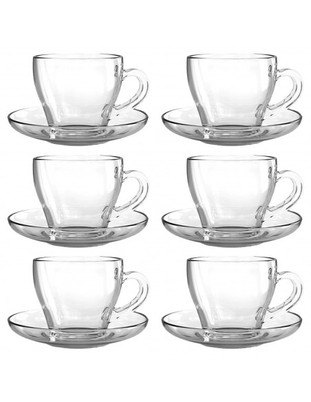 Tradineur - Caja de 6 Tazas con platos Transparentes - Fabricado en Vidrio - Capacidad de 23 cl - Apto para lavavajillas - Ideal